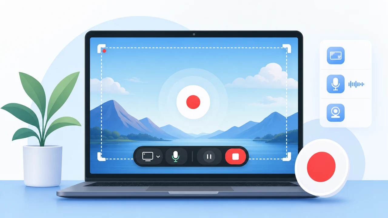 A laptop screen shows a recording interface with a red record button in action, surrounded by cloud and local processing icons, conveying simple and efficient online screen recording.