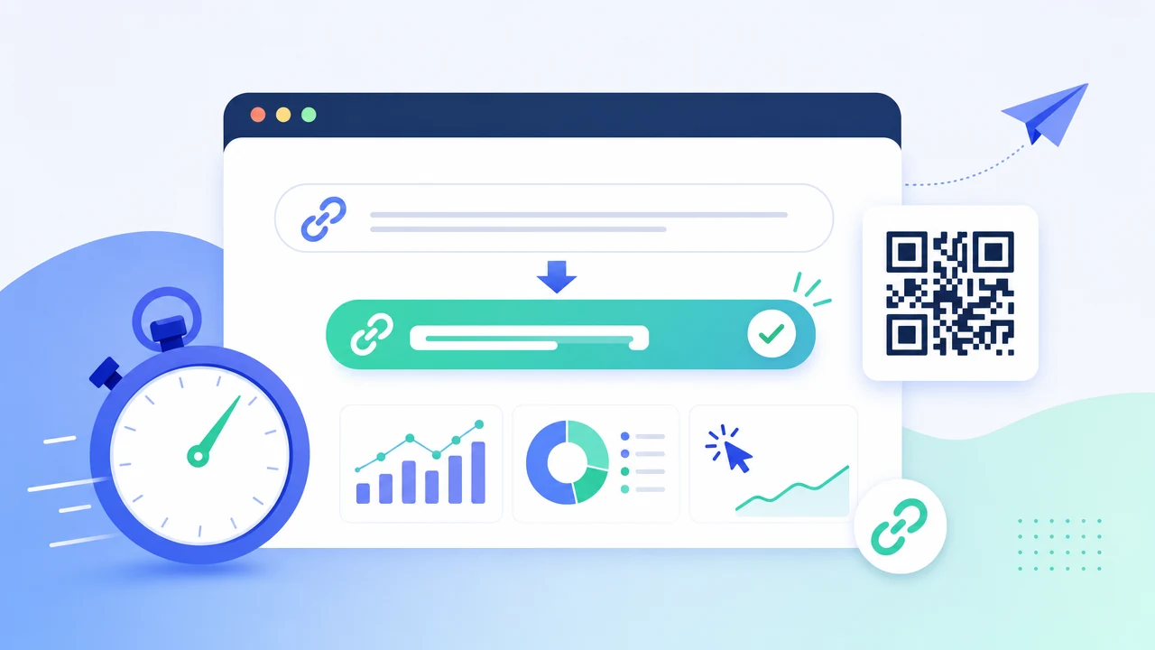 A long chain link transforms into a compact short link icon beside a glowing QR code and analytics chart.
