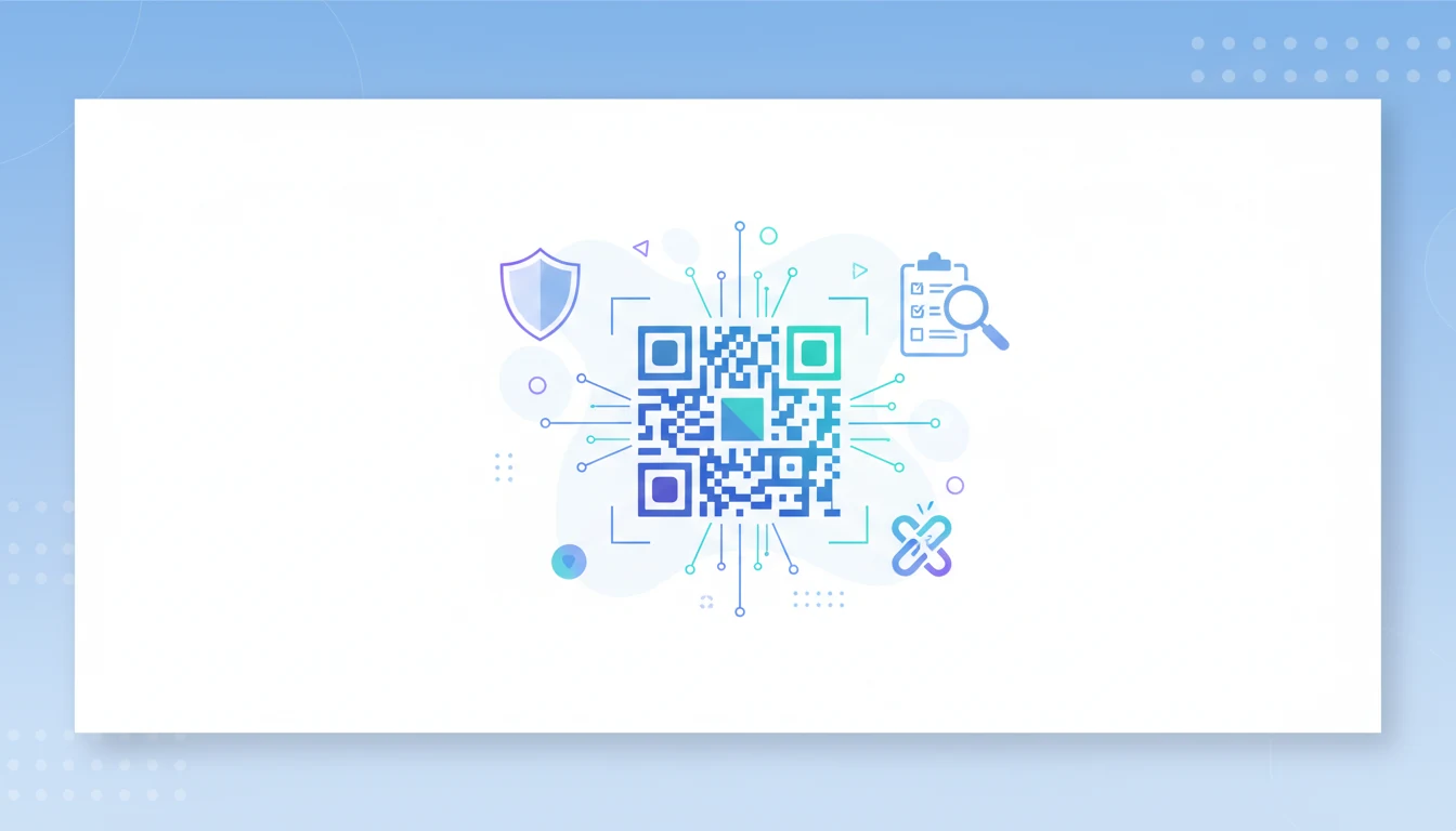 A modern illustration of a prominent QR code with a magnifying glass and warning icons, set against a blue gradient background, symbolizing scrutiny and risk in choosing free QR generators.