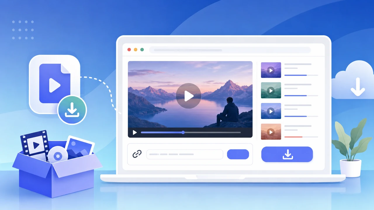 A clean modern illustration of a laptop with streaming M3U8 video fragments on screen, set against gradient geometric shapes, representing browser-based online video downloading.