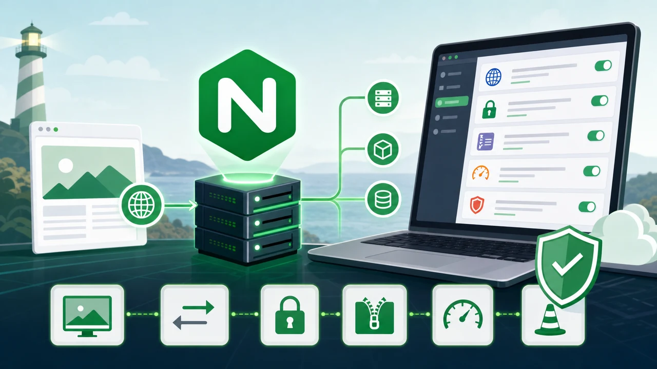 服务器与齿轮交错的科技插画,呼应 Nginx 配置指南与自动化工具主题
