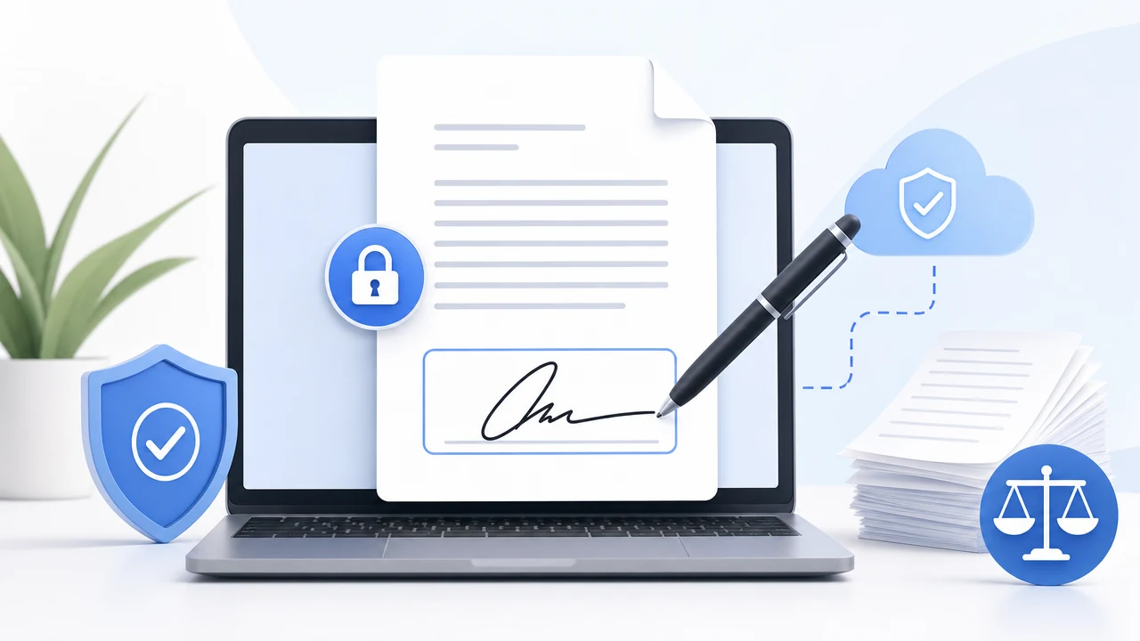 Modern illustration of a hand signing a PDF on a tablet, with a glowing signature line and a shield icon representing legal security.