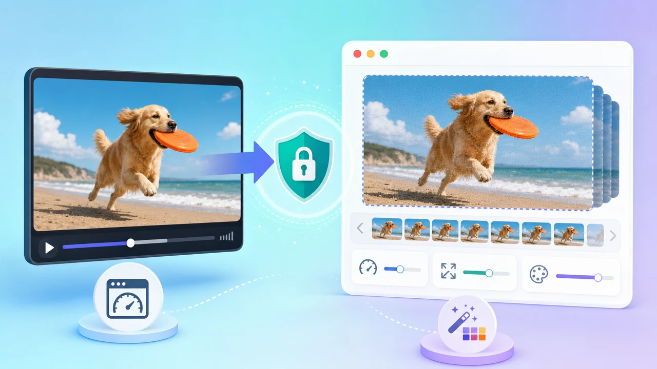 Illustration of a video clip transforming into a vibrant GIF animation, with a color palette and lock icon symbolizing local high-quality privacy-safe conversion