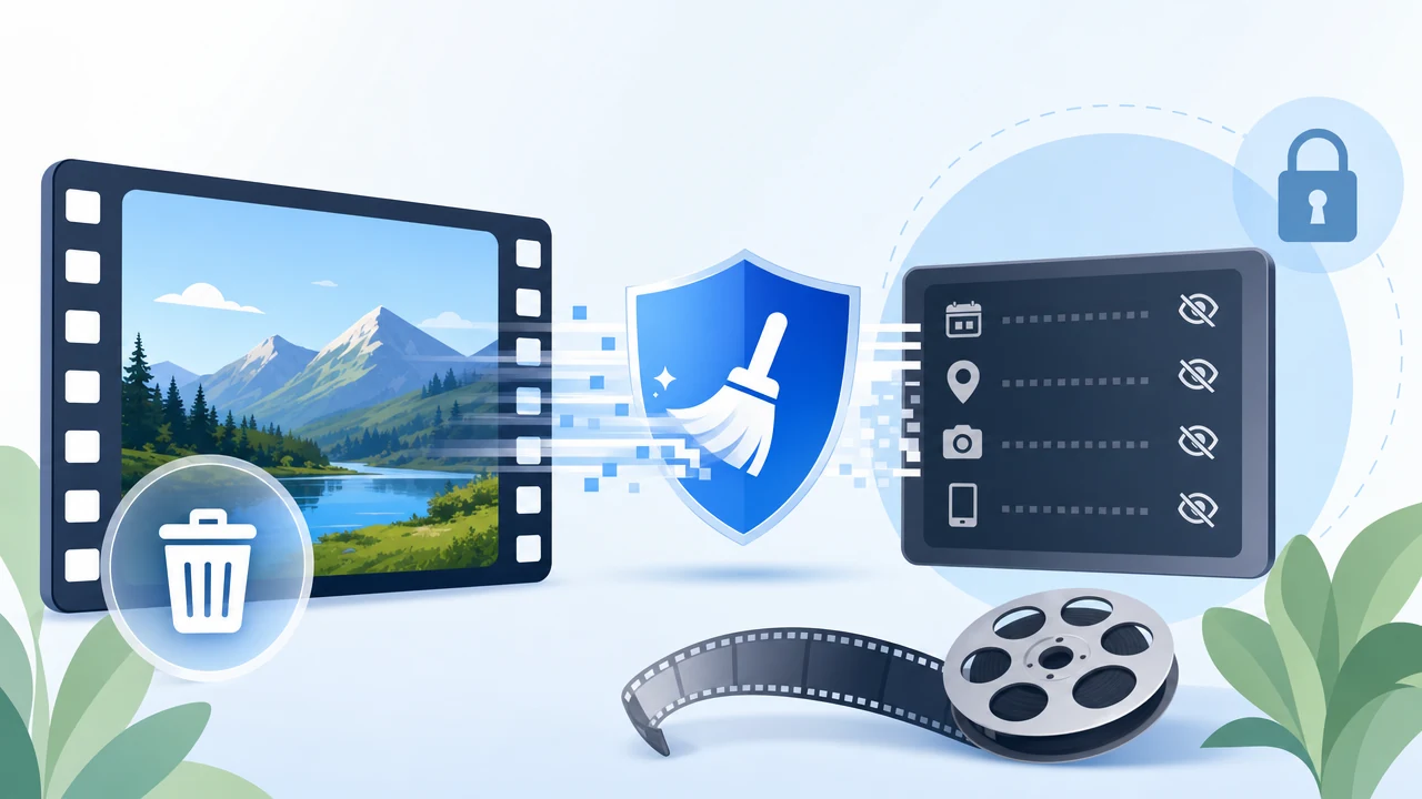 Abstract video file icon with metadata symbols being erased, set against a soft gradient in privacy-themed colors