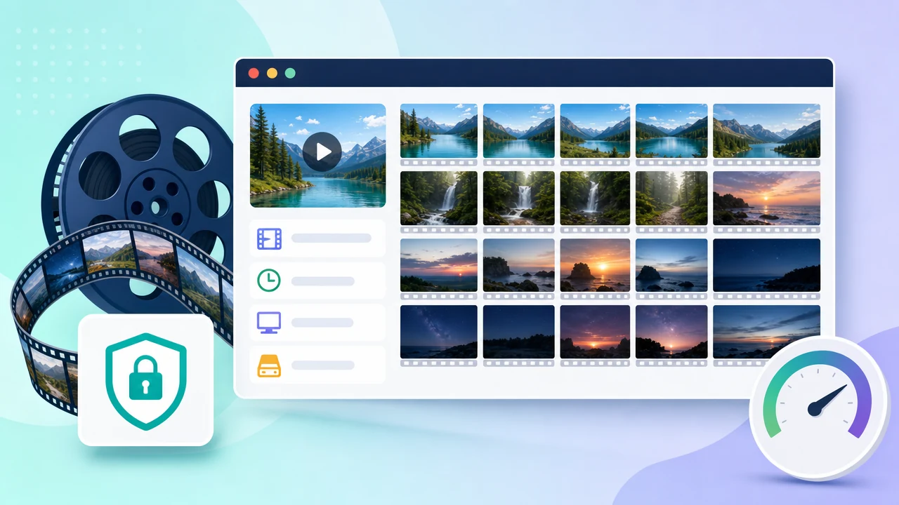Stylized illustration of a video icon transitioning into a grid of thumbnail frames, depicting a local browser-based sheet generator